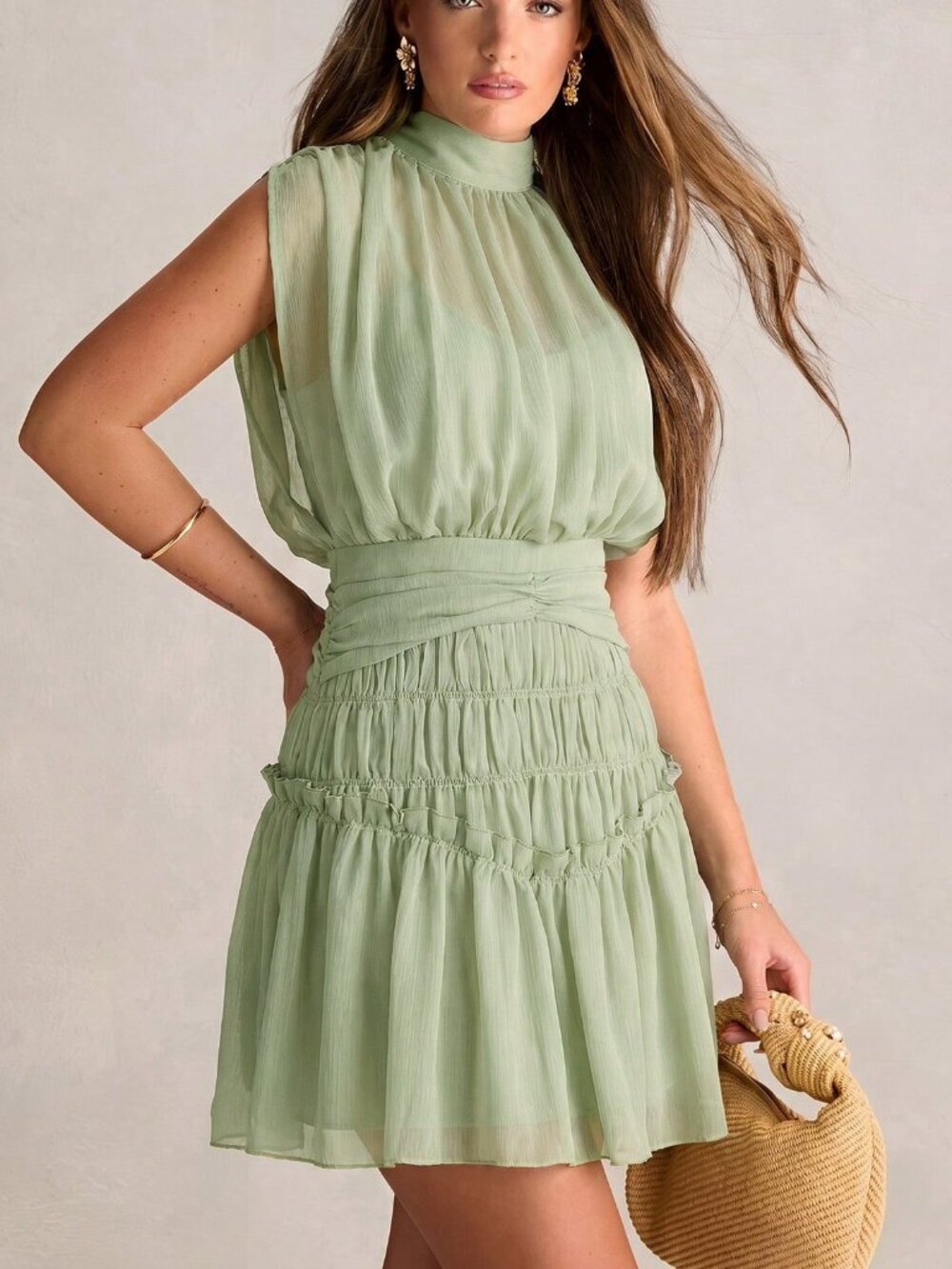 Mint Green Casual Women's French Elegant Sleeveless Ruched Waist mini Dress